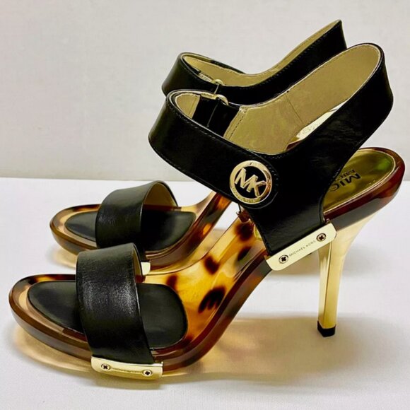 NEW MICHAEL KORS LANI SANDALS BLACK LEATHER 4" HEELS GOLD TORTOISE SHELL PUMPS 7 - Picture 9 of 13